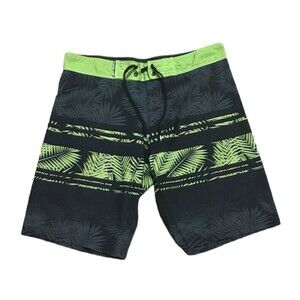 Pipeline Board Shorts Large Men Black Gray Lime Green palm fronds swim trunks L